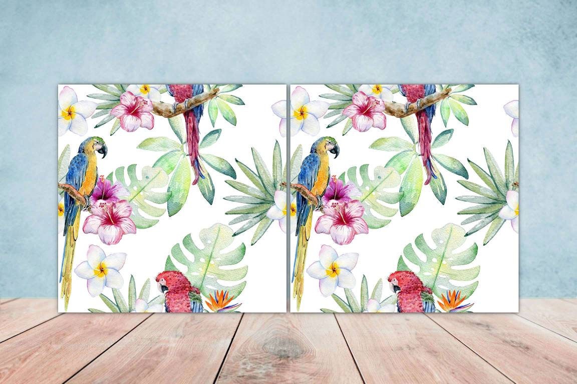 Bird Ceramic Tiles- Set of 2 Bird Flower Wall Art Print Decor Tiles - Kitchen Backsplash Tiles,Table Decorative Tiles,Bathroom Tiles,Coaster