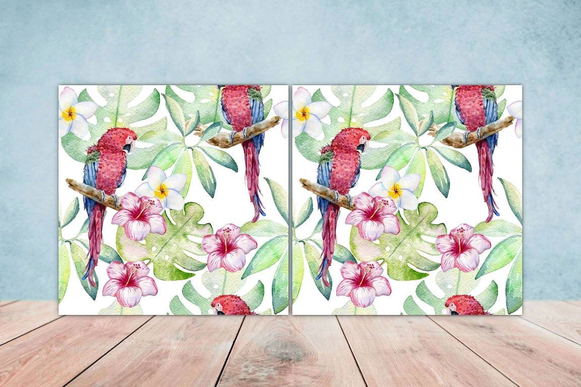 Bird Ceramic Tiles- Set of 2 Bird Flower Wall Art Print Decor Tiles - Kitchen Backsplash Tiles,Table Decorative Tiles,Bathroom Tiles,Coaster