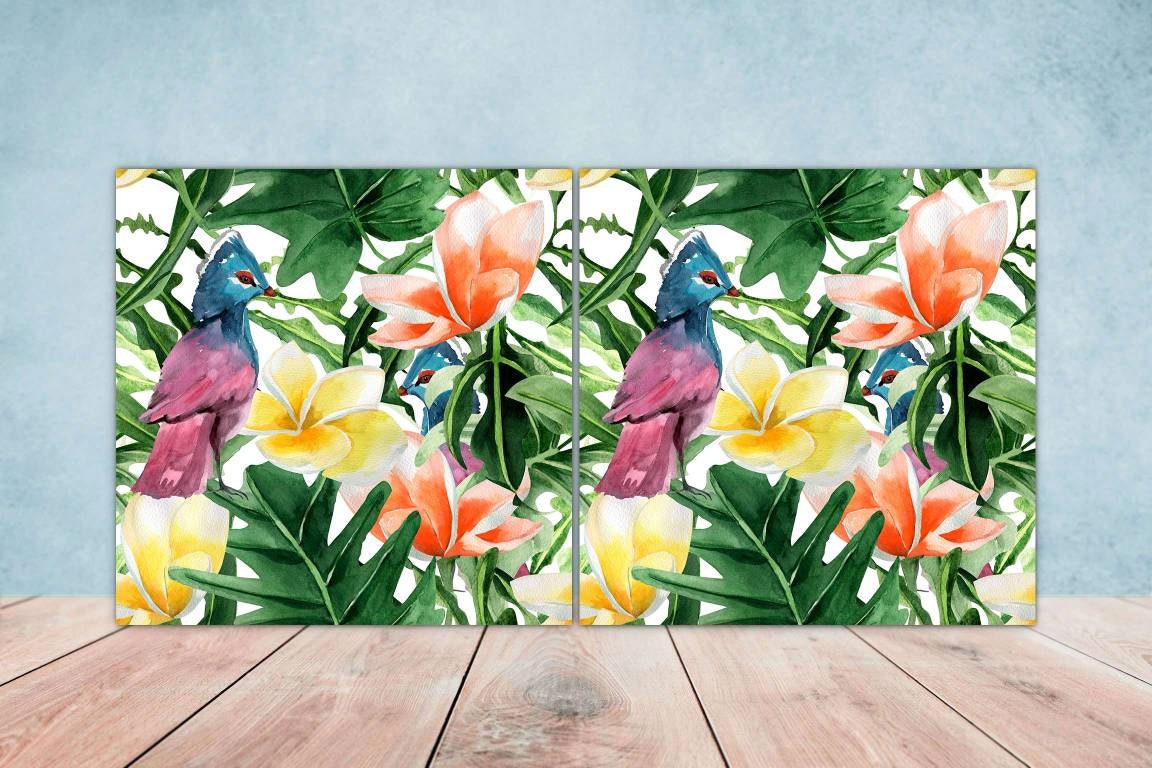 Bird Ceramic Tiles- Set of 2 Bird Flower Wall Art Print Decor Tiles - Kitchen Backsplash Tiles,Table Decorative Tiles,Bathroom Tiles,Coaster