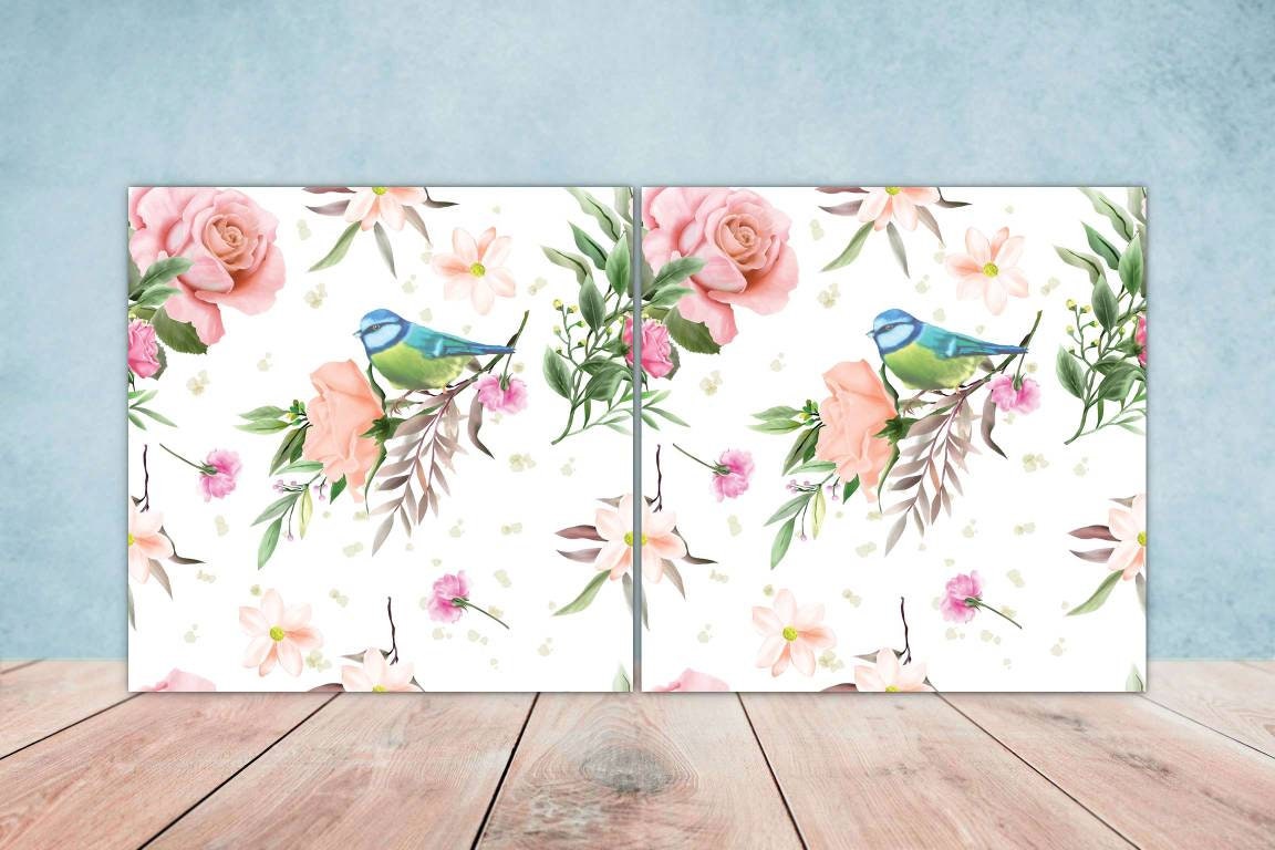 Bird Ceramic Tiles- Set of 2 Bird Flower Wall Art Print Decor Tiles - Kitchen Backsplash Tiles,Table Decorative Tiles,Bathroom Tiles,Coaster