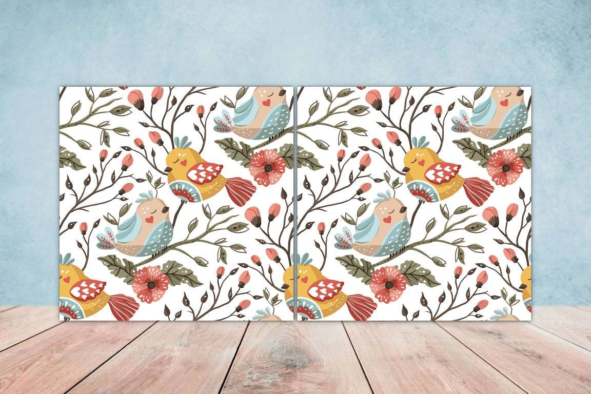 Bird Ceramic Tiles- Set of 2 Bird Flower Wall Art Print Decor Tiles - Kitchen Backsplash Tiles,Table Decorative Tiles,Bathroom Tiles,Coaster