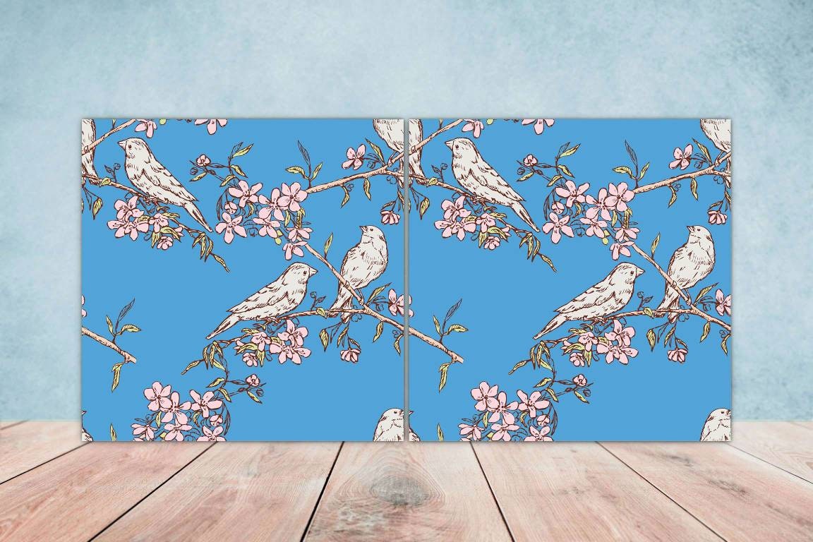 Bird Ceramic Tiles- Set of 2 Bird Flower Wall Art Print Decor Tiles - Kitchen Backsplash Tiles,Table Decorative Tiles,Bathroom Tiles,Coaster