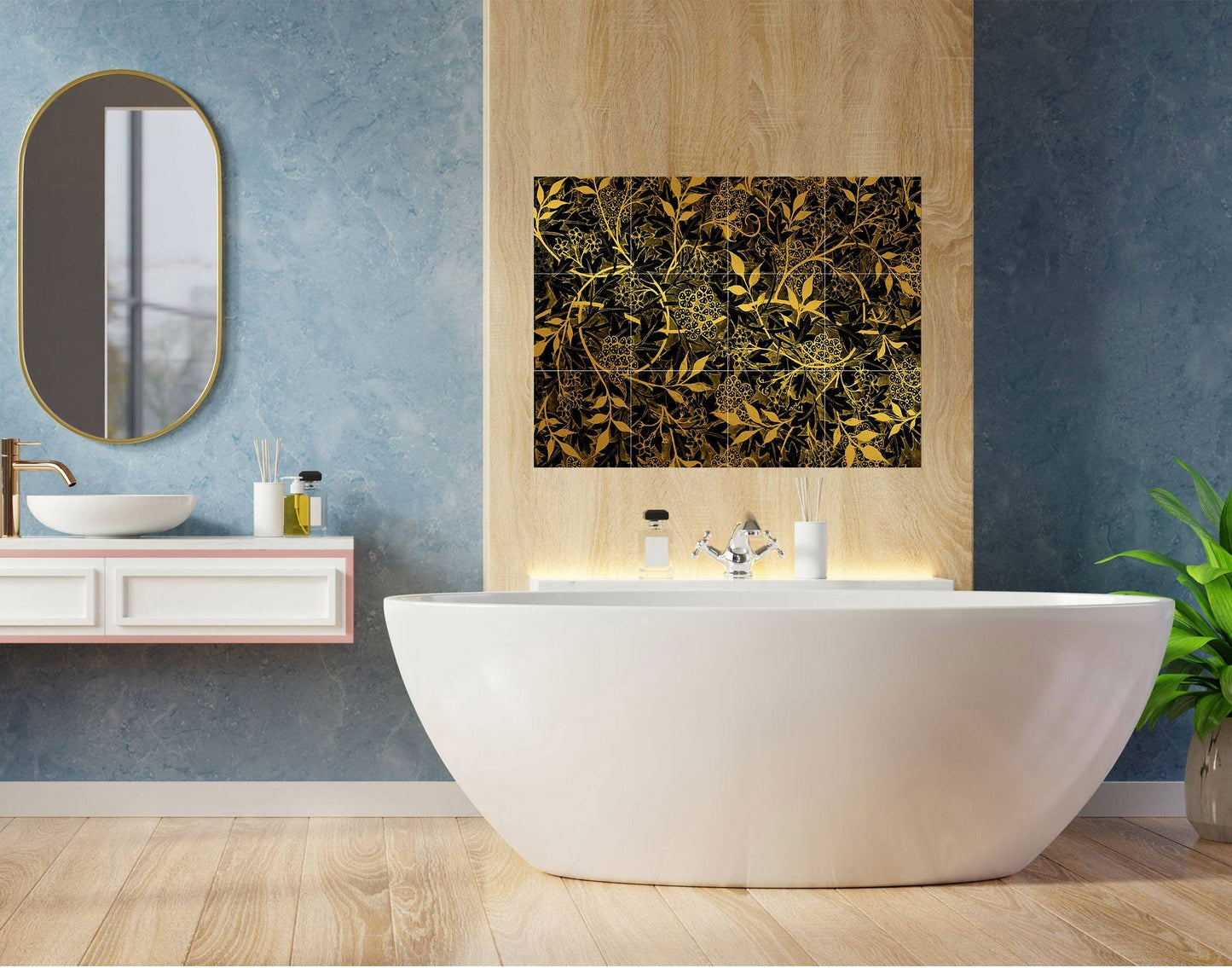 Tile Mural/Mosaic Ceramic Panel of Luxury Golden Floral Leaves Art William Morris - Flower Home Decor- William Morris print -Tile Mural