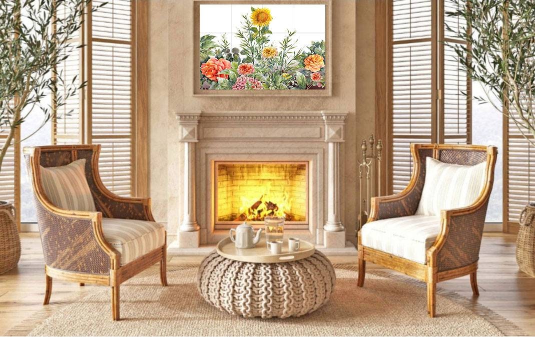Tile Mural/Mosaic Ceramic of Flowers Watercolour Painting - Sunflower Mural - Flower Wall Art - Floral Tile Mural -Gloss Tiles - Tile Mosaic