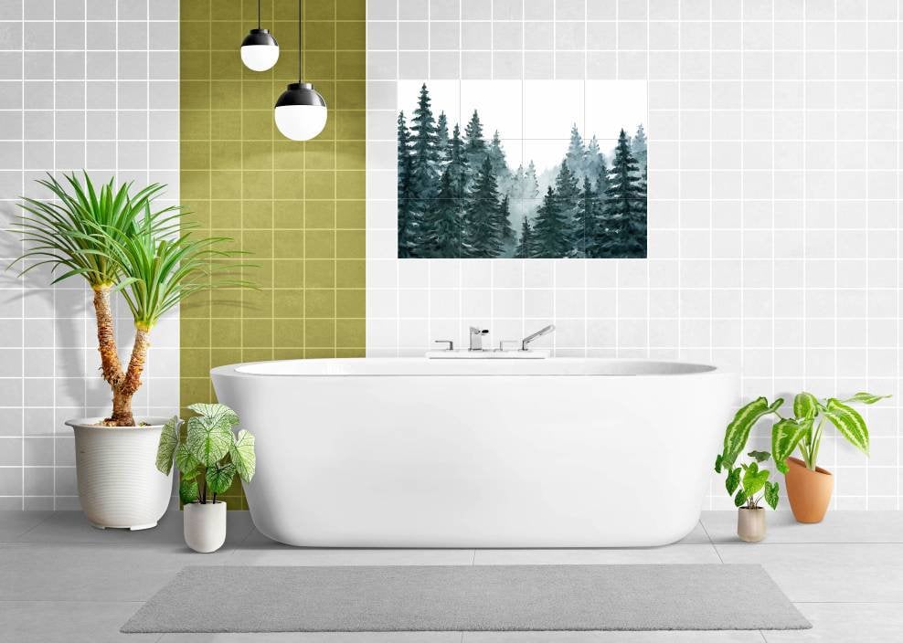 Tile Mural/Mosaic Ceramic Panel of a Watercolour Forest Mural - Wall Nature Art - Misty Woodland Wall Mural - Gloss Tiles -Tile Mosaic