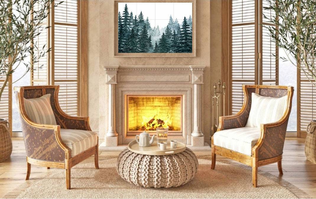 Tile Mural/Mosaic Ceramic Panel of a Watercolour Forest Mural - Wall Nature Art - Misty Woodland Wall Mural - Gloss Tiles -Tile Mosaic