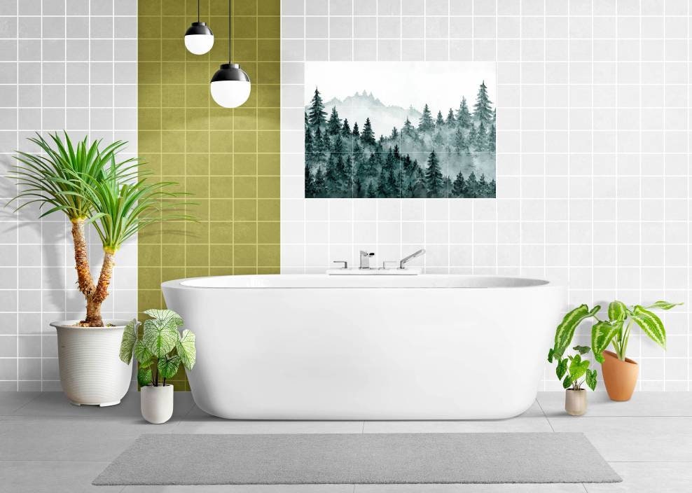 Tile Mural/Mosaic Ceramic Panel of a Watercolour Forest Mural - Wall Nature Art - Misty Woodland Wall Mural - Gloss Tiles -Tile Mosaic