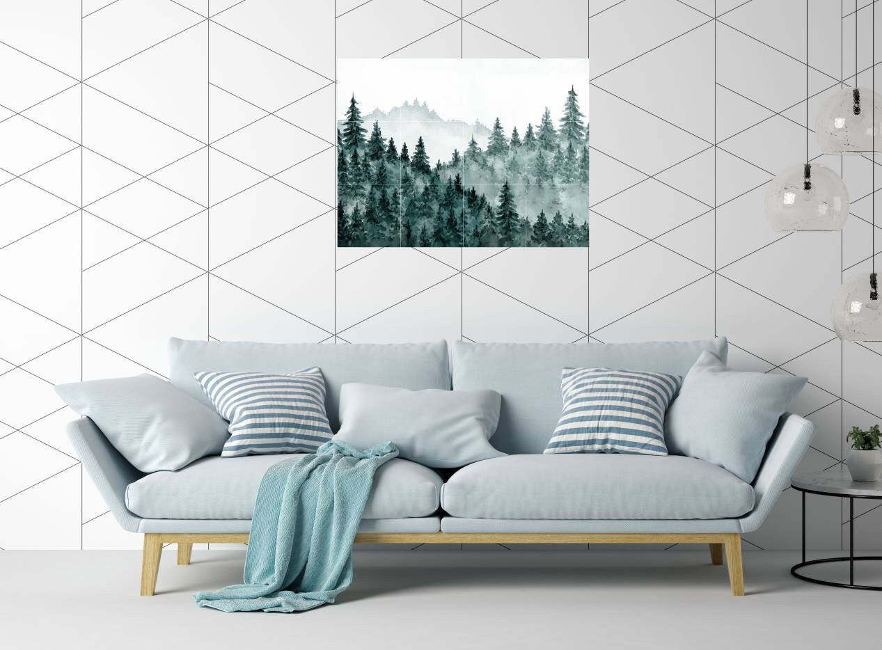 Tile Mural/Mosaic Ceramic Panel of a Watercolour Forest Mural - Wall Nature Art - Misty Woodland Wall Mural - Gloss Tiles -Tile Mosaic