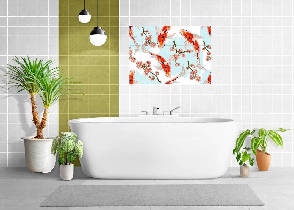 Tile Mural/Mosaic Ceramic Panel of a Japanese Koi Fish Pond Japan Painting - Wall Nature Art - Fish Tile Mural - Gloss Tiles - Tile Mosaic