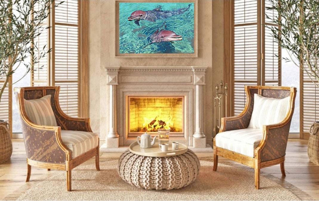Tile Mural/Mosaic Ceramic Panel of Dolphins - Underwater World Wall Art - Tile Mural Art Print - Tropical Home Decor - Dolphin Tile Mosaic
