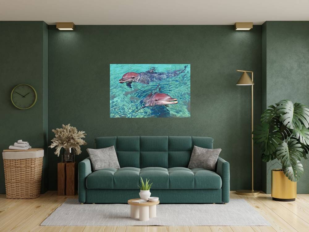 Tile Mural/Mosaic Ceramic Panel of Dolphins - Underwater World Wall Art - Tile Mural Art Print - Tropical Home Decor - Dolphin Tile Mosaic