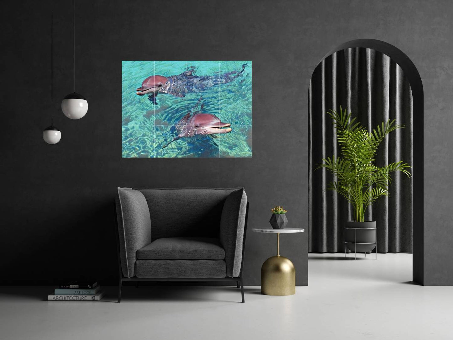 Tile Mural/Mosaic Ceramic Panel of Dolphins - Underwater World Wall Art - Tile Mural Art Print - Tropical Home Decor - Dolphin Tile Mosaic