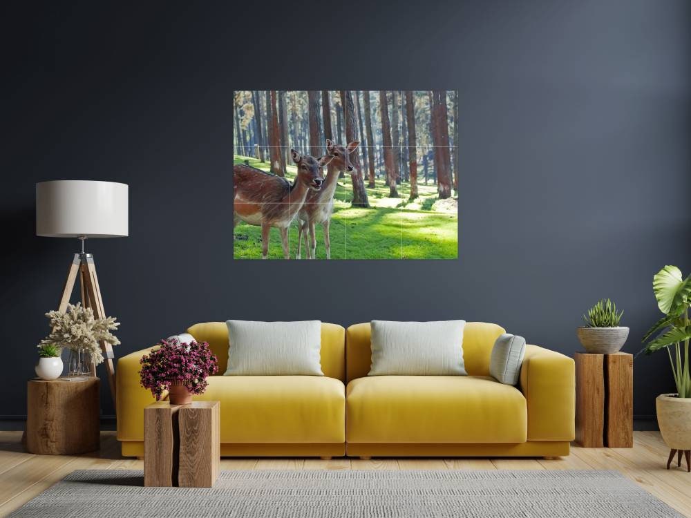 Tile Mural/Mosaic Ceramic Panel of Deers in The Woods - Deer Art Print - Tile Mural Art - Gloss Tiles - Nature Wall Tile Mosaic - Deer Mural