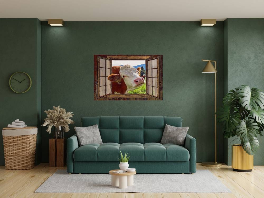 Tile Mural/Mosaic Ceramic Panel of Cow in a Window - Countryside Mural - Wall Nature Art - Tile Mural - Gloss Tiles - Cow Tile Mosaic