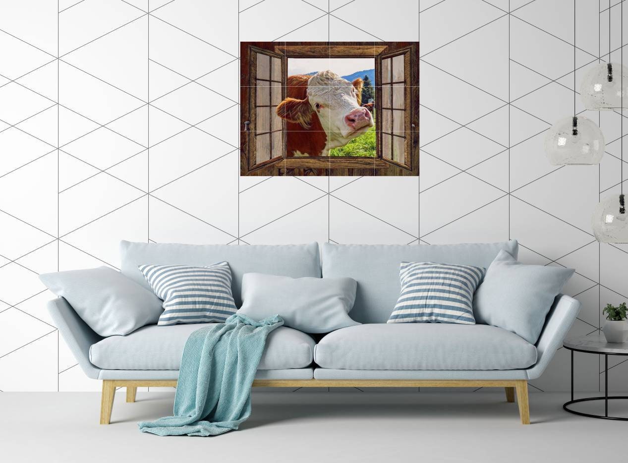 Tile Mural/Mosaic Ceramic Panel of Cow in a Window - Countryside Mural - Wall Nature Art - Tile Mural - Gloss Tiles - Cow Tile Mosaic