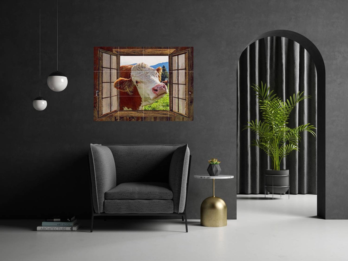 Tile Mural/Mosaic Ceramic Panel of Cow in a Window - Countryside Mural - Wall Nature Art - Tile Mural - Gloss Tiles - Cow Tile Mosaic