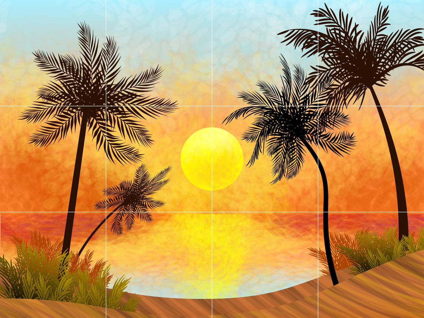Tile Mural/Mosaic Ceramic Panel of Palm Trees - Sunset Mural - Ocean Waves Wall Mural - Tropical Tile Mural Art - Home Decor - Tile Mosaic