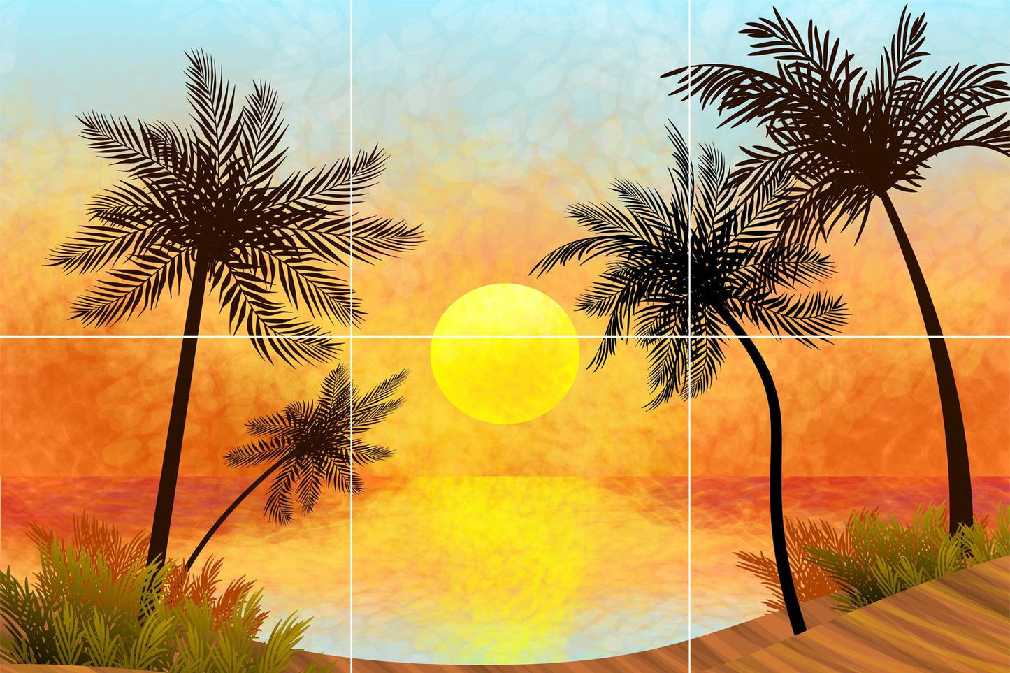 Tile Mural/Mosaic Ceramic Panel of Palm Trees - Sunset Mural - Ocean Waves Wall Mural - Tropical Tile Mural Art - Home Decor - Tile Mosaic