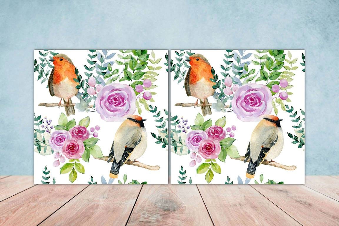 Bird Ceramic Tiles- Set of 2 Bird Flower Wall Art Print Decor Tiles - Kitchen Backsplash Tiles,Table Decorative Tiles,Bathroom Tiles,Coaster