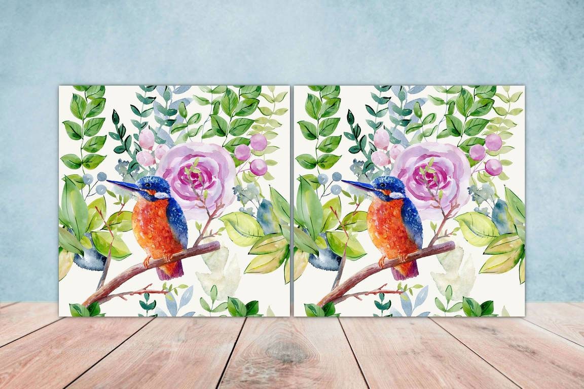 Bird Ceramic Tiles- Set of 2 Bird Flower Wall Art Print Decor Tiles - Kitchen Backsplash Tiles,Table Decorative Tiles,Bathroom Tiles,Coaster