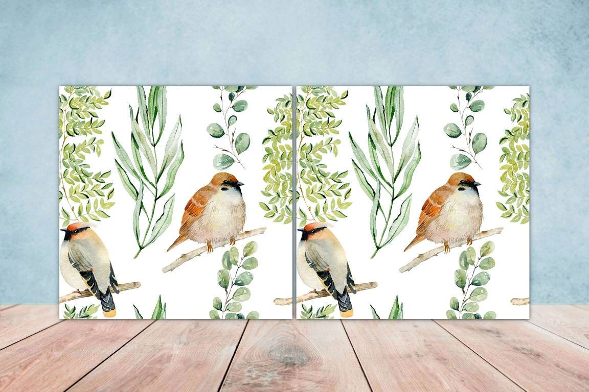 Bird Ceramic Tiles- Set of 2 Bird Flower Wall Art Print Decor Tiles - Kitchen Backsplash Tiles,Table Decorative Tiles,Bathroom Tiles,Coaster