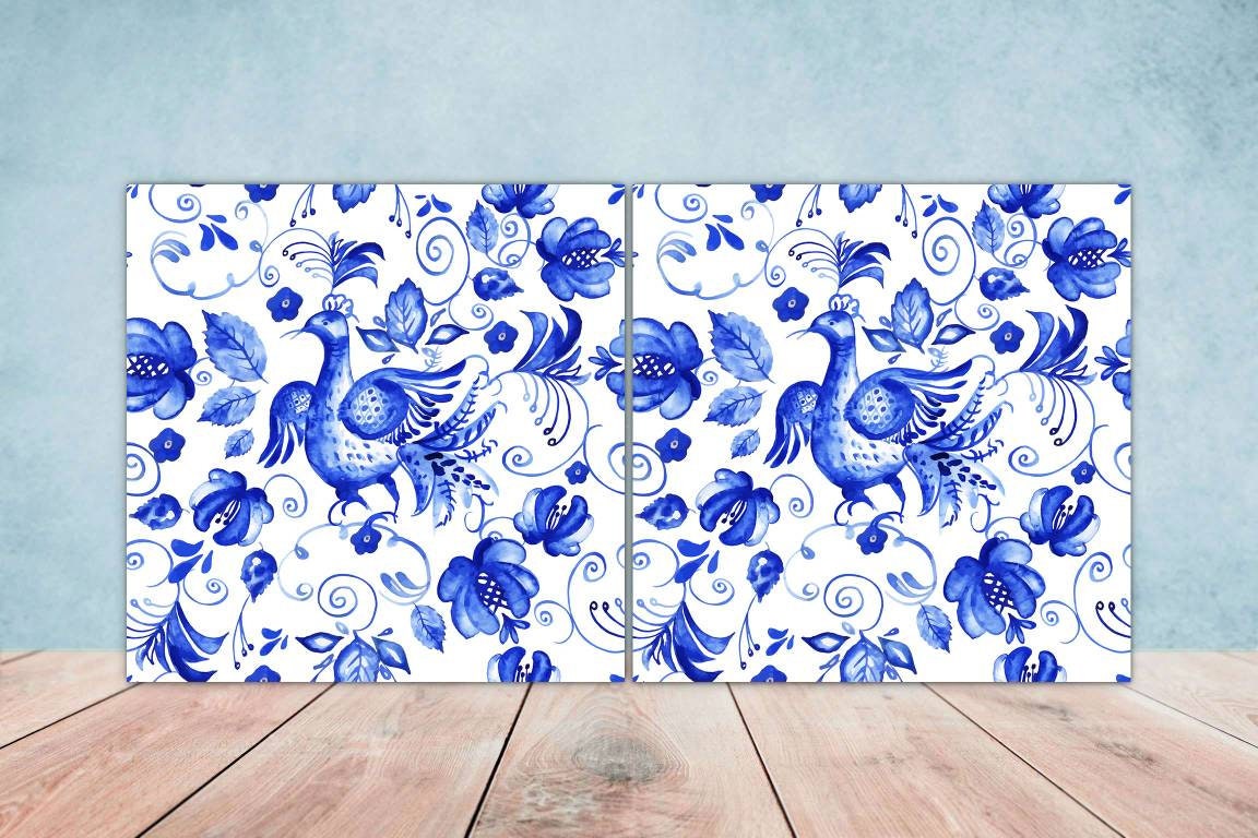 Bird Ceramic Tiles- Set of 2 Bird Flower Wall Art Print Decor Tiles - Kitchen Backsplash Tiles,Table Decorative Tiles,Bathroom Tiles,Coaster