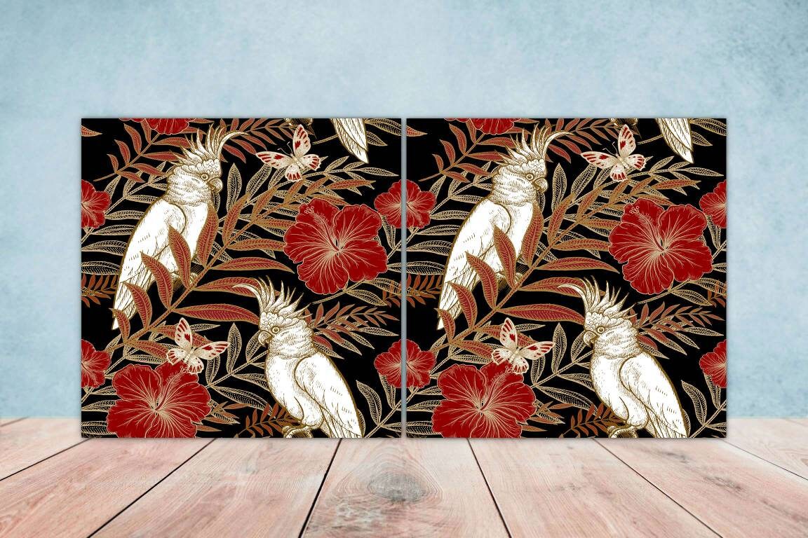 Bird Ceramic Tiles- Set of 2 Bird Flower Wall Art Print Decor Tiles - Kitchen Backsplash Tiles,Table Decorative Tiles,Bathroom Tiles,Coaster