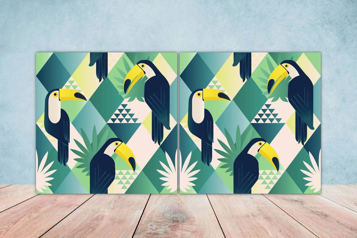 Bird Ceramic Tiles- Set of 2 Bird Flower Wall Art Print Decor Tiles - Kitchen Backsplash Tiles,Table Decorative Tiles,Bathroom Tiles,Coaster