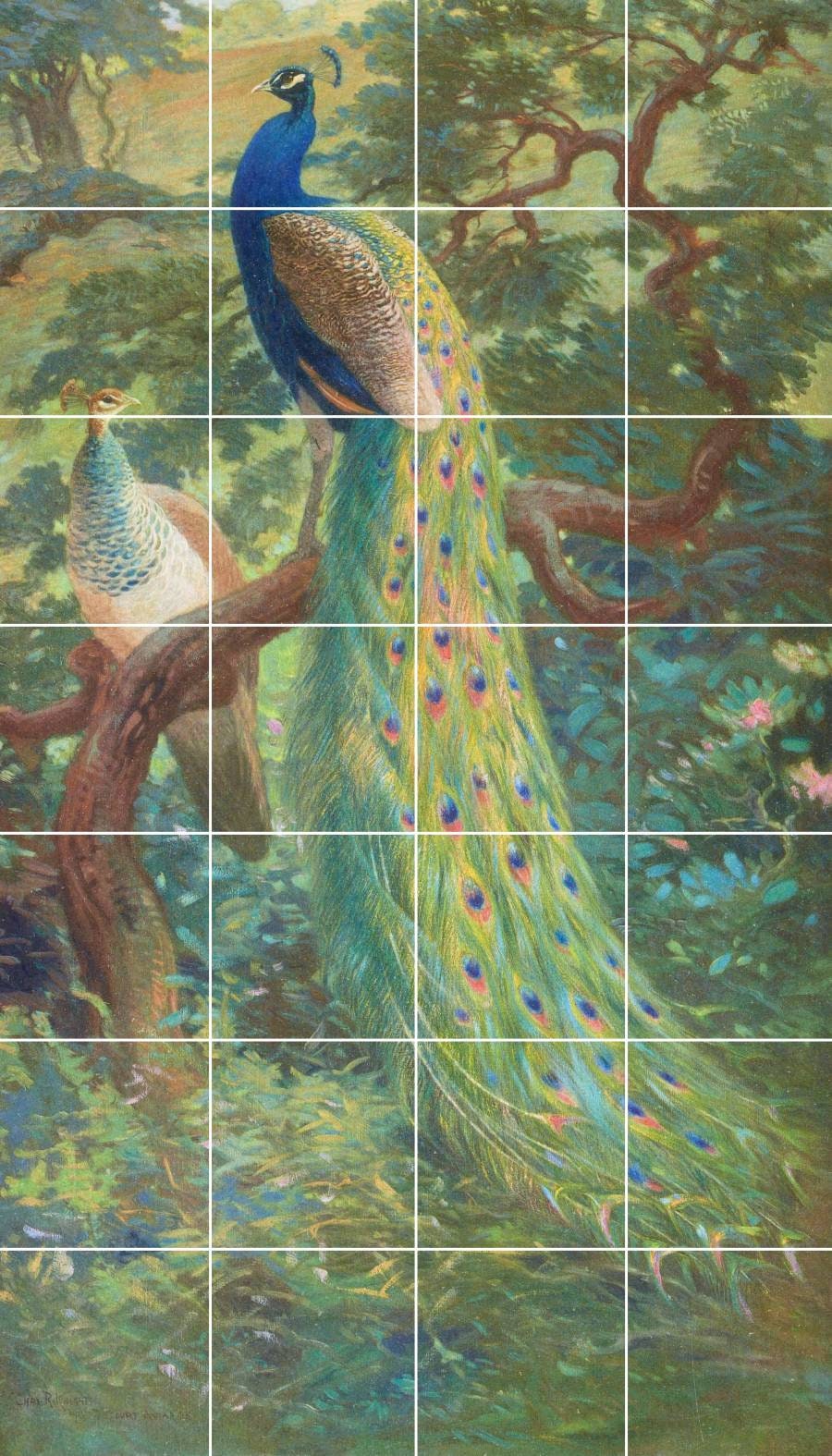 Tile Mural/Mosaic Ceramic Panel of Indian Peafowl - Charles Robert Knight - Bird Wall Art Decor - Peacock Mural - Gloss Tiles - Tile Mosaic