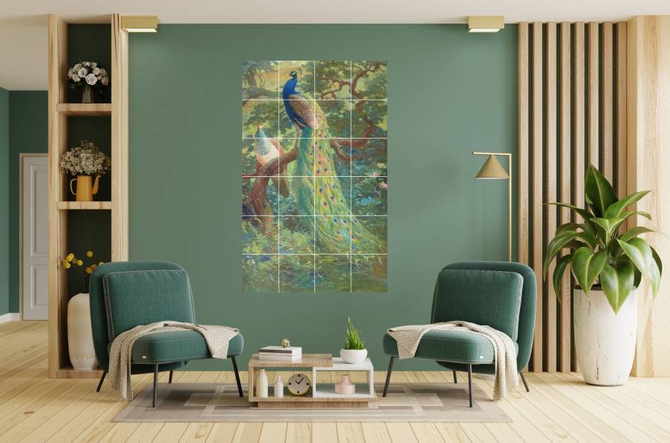 Tile Mural/Mosaic Ceramic Panel of Indian Peafowl - Charles Robert Knight - Bird Wall Art Decor - Peacock Mural - Gloss Tiles - Tile Mosaic