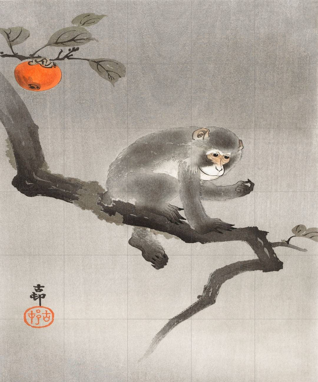 Tile Mural/Mosaic Ceramic Panel of Monkey in Kaki Tree- Ohara Koson print - Japanese art - Monkey print -Monkey Mural - Tile Mosaic
