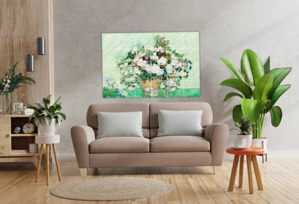 Tile Mural/Mosaic Ceramic Panel of Vincent van Gogh Vase with Pink Roses - Van Gogh Wall Art - Flower Art Print - Tile Mosaic - Gloss Tiles