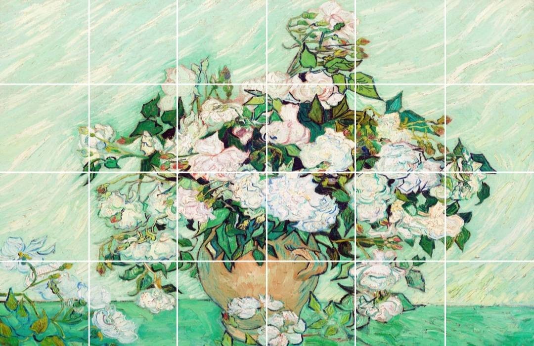 Tile Mural/Mosaic Ceramic Panel of Vincent van Gogh Vase with Pink Roses - Van Gogh Wall Art - Flower Art Print - Tile Mosaic - Gloss Tiles