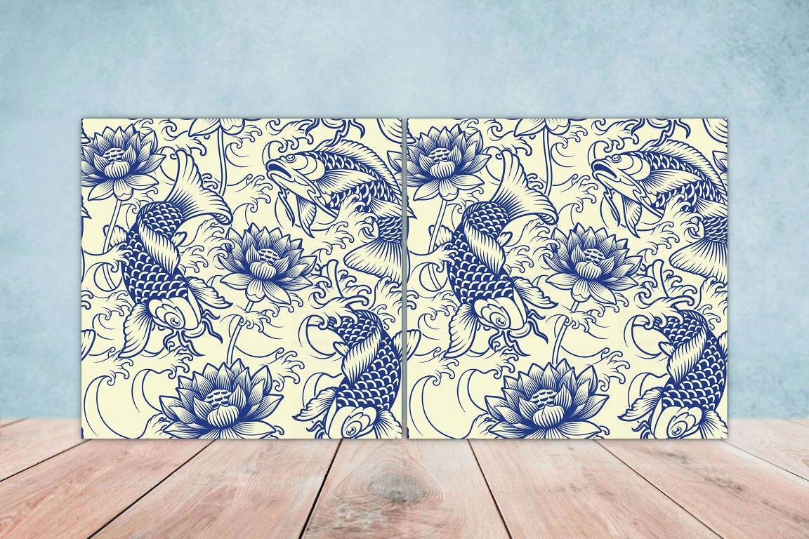 Koi Fish Ceramic Tile - Japanese Tiles -Set of 2 Wall Decor Tiles -Kitchen Backsplash Tiles,Table Decorative Tiles,Bathroom, Coaster