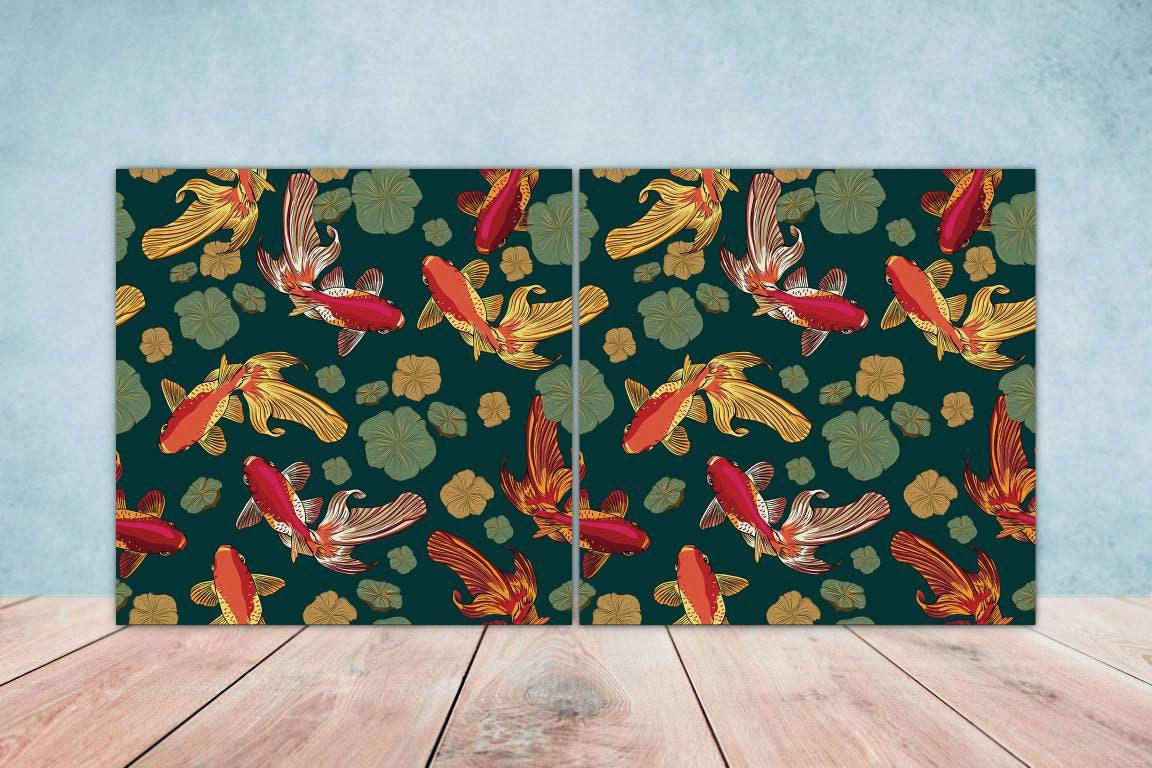 Koi Fish Ceramic Tile - Japanese Tiles -Set of 2 Wall Decor Tiles -Kitchen Backsplash Tiles,Table Decorative Tiles,Bathroom, Coaster