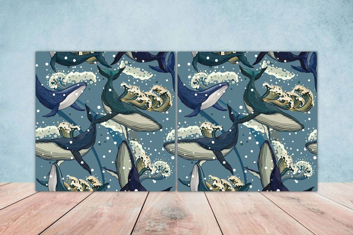 Whale Ceramic Tile - Fish Tiles -Set of 2 Wall Decor Tiles -Kitchen Backsplash Tiles,Table Decorative Tiles,Bathroom, Coaster