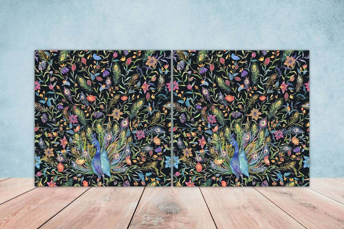 Peacock Bird Tiles - Set of 2 Birds Wall Decor Tiles - Kitchen Backsplash Tiles, Table Decorative Tiles, Bathroom Tiles, Coaster