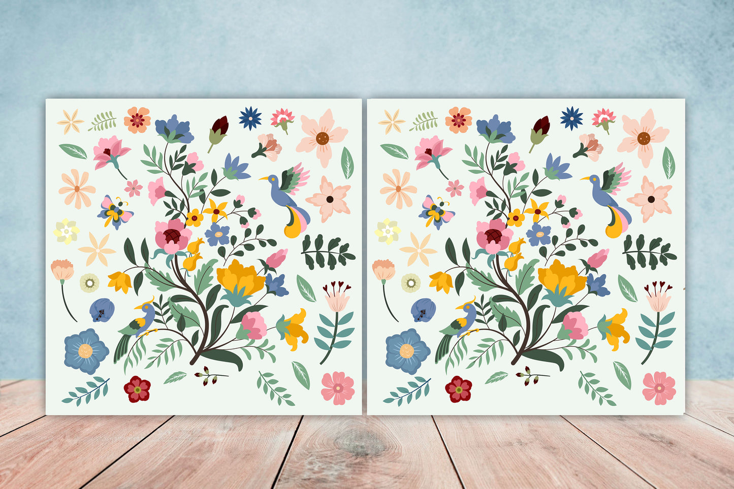 Birds and Flowers - Two 6 x 6 inches decorative ceramic tiles