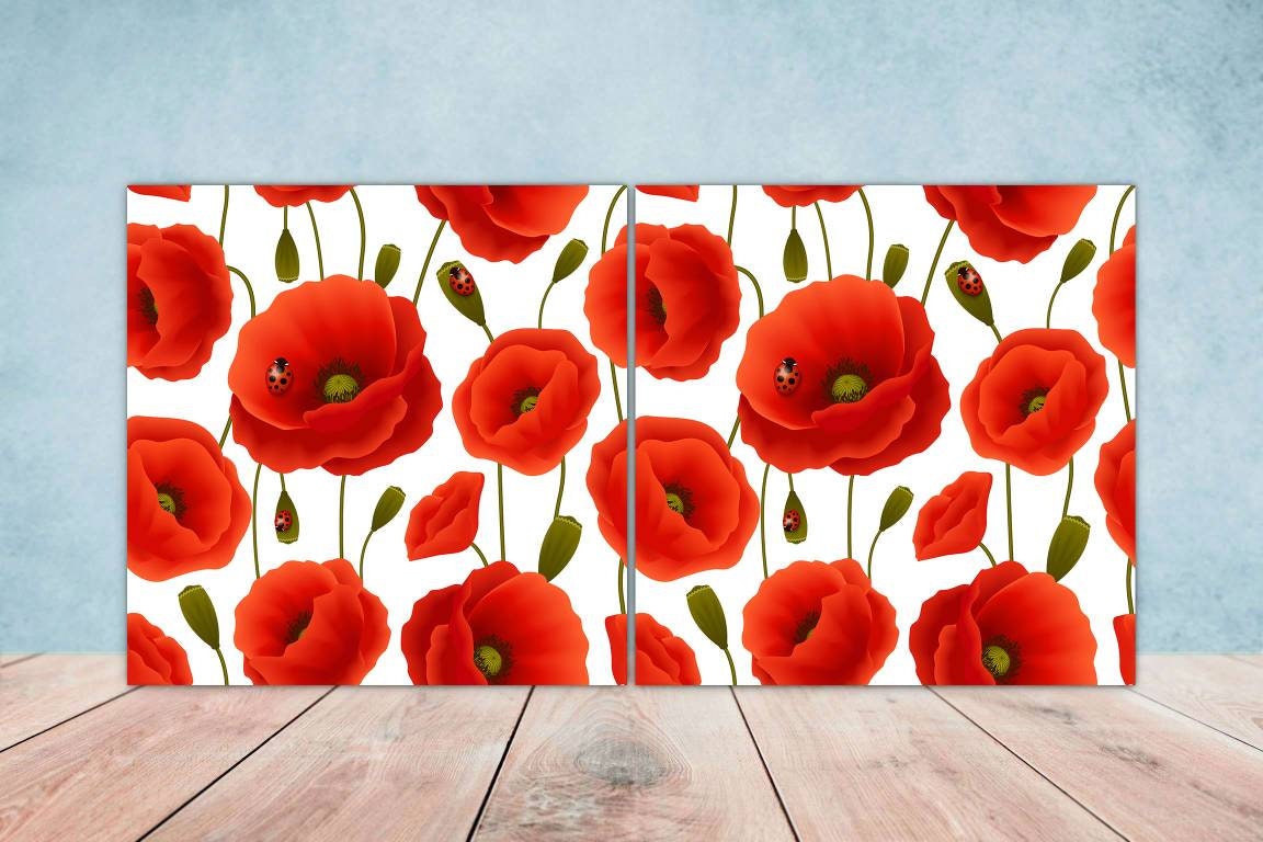 Floral Poppy Tiles Flowers Design - Set of 2 Poppies Flower Wall Decor Tiles, Kitchen Backsplash Tiles,Table Decorative Tiles,Bathroom Tiles