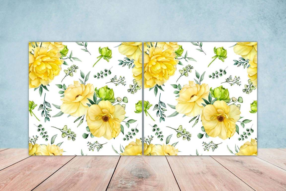 Floral Tiles Flowers Design - Set of 2 Flower Wall Decor Tiles, Kitchen Backsplash Tiles, Table Decorative Tiles, Bathroom Tiles, Coaster