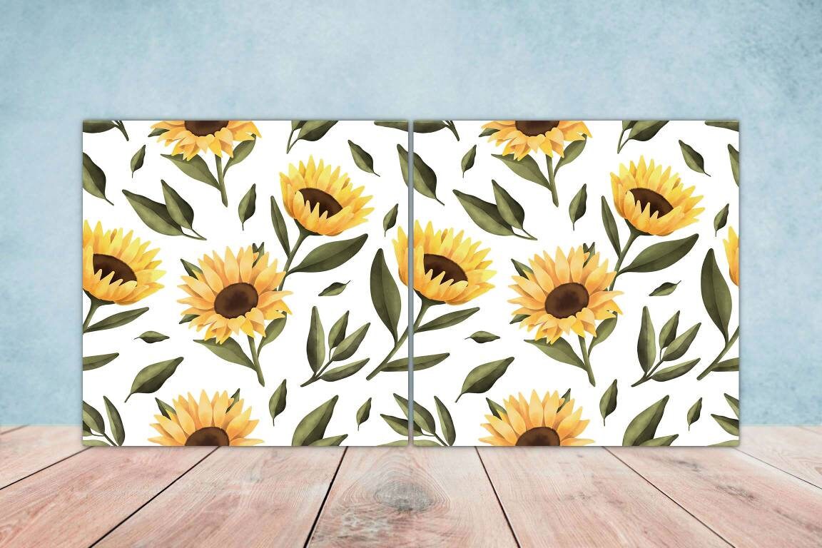 Floral Sunflower Tiles Flowers Design - Set of 2 Flower Wall Decor Tiles, Kitchen Backsplash Tiles, Table Decorative Tiles, Bathroom Tiles
