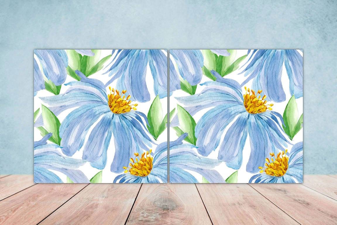 Floral Tiles Flower Design - Set of 2 Flowers Wall Decor Tiles, Kitchen Backsplash Tiles, Table Decorative Tiles, Bathroom Tiles