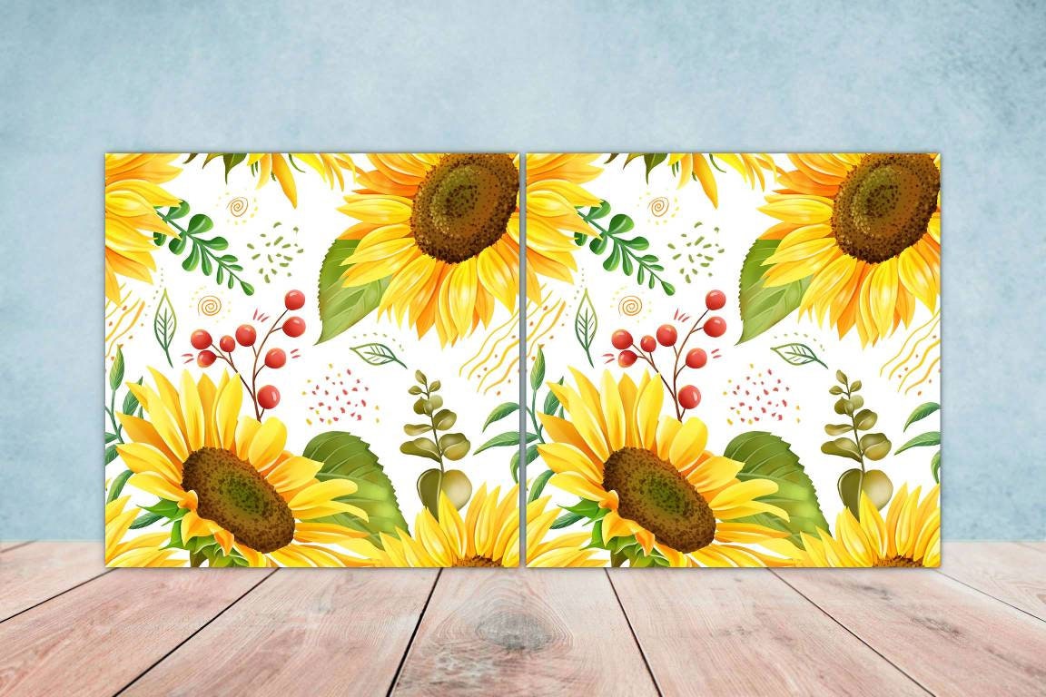 Floral Sunflower Tiles Floral Design - Set of 2 Flower Wall Decor Tiles, Kitchen Backsplash Tiles, Table Decorative Tiles, Bathroom Tiles