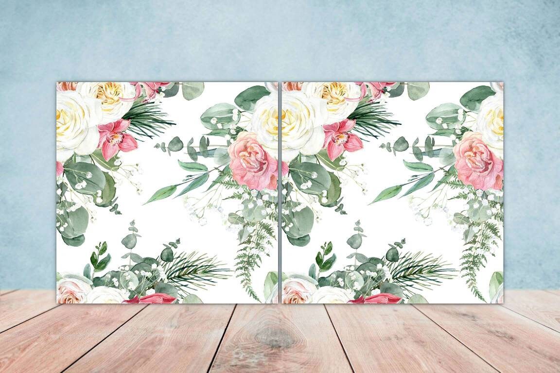Floral Rose Tiles Flowers Design - Set of 2 Flower Roses Wall Decor Tiles, Kitchen Backsplash Tiles, Table Decorative Tiles, Bathroom Tiles