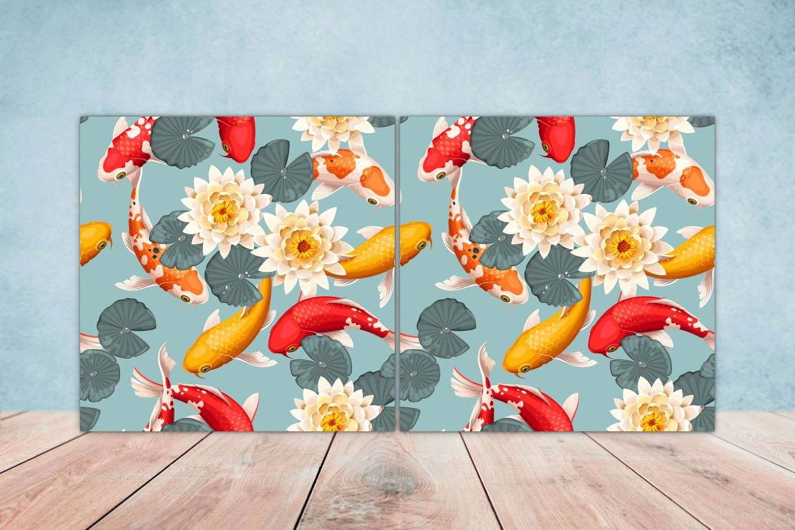 Koi Fish Ceramic Tile - Japanese Tiles -Set of 2 Wall Decor Tiles -Kitchen Backsplash Tiles,Table Decorative Tiles,Bathroom, Coaster