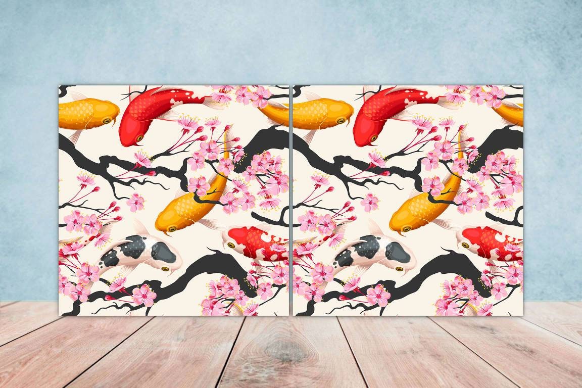 Koi Fish Ceramic Tile - Japanese Tiles -Set of 2 Wall Decor Tiles -Kitchen Backsplash Tiles,Table Decorative Tiles,Bathroom, Coaster