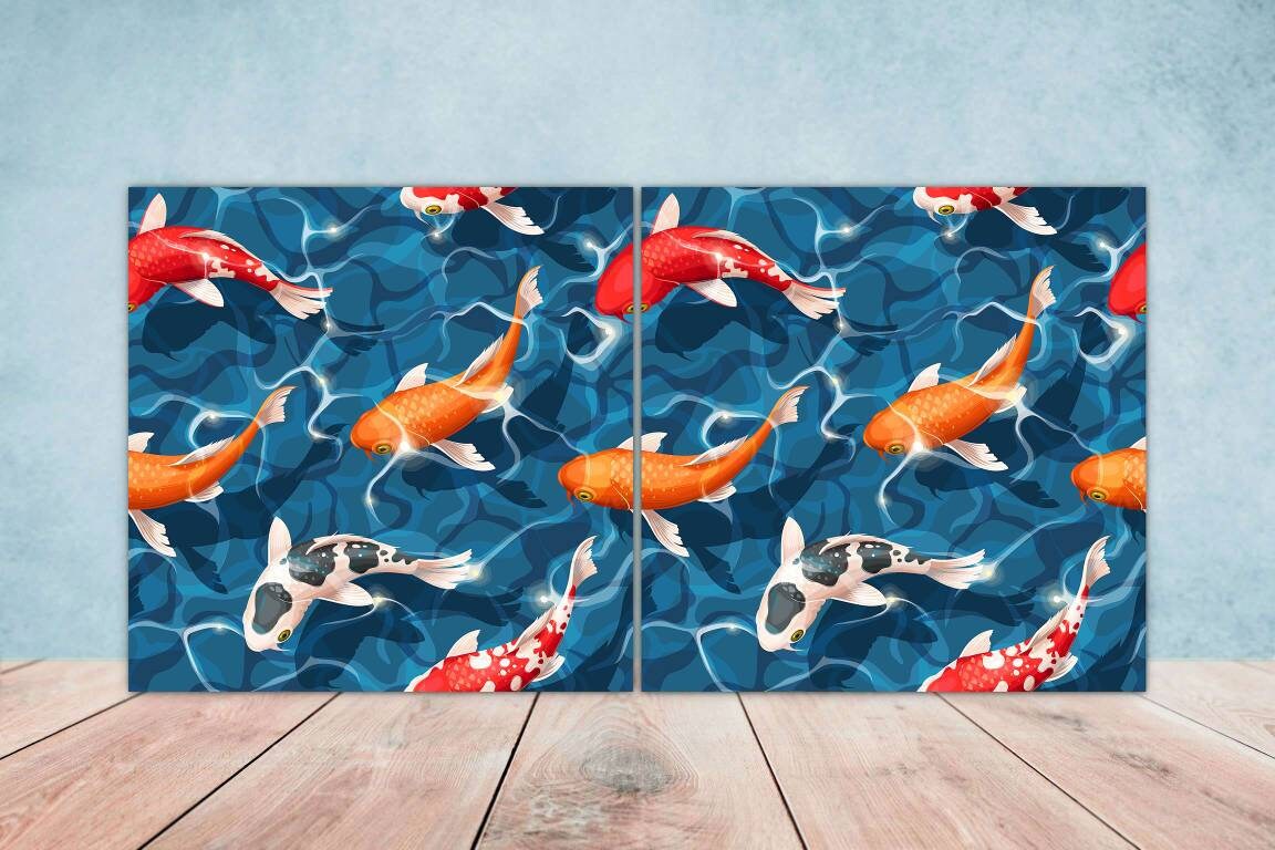 Koi Fish Ceramic Tile - Japanese Tiles -Set of 2 Wall Decor Tiles -Kitchen Backsplash Tiles,Table Decorative Tiles,Bathroom, Coaster