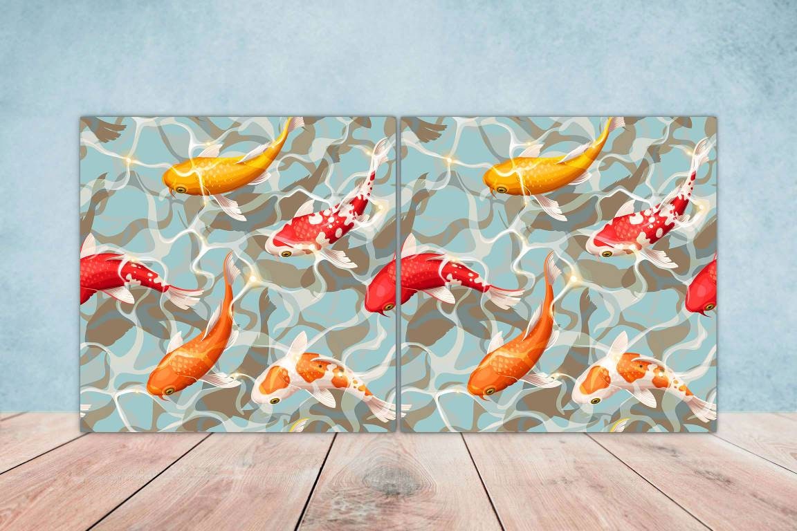Koi Fish Ceramic Tile - Japanese Tiles -Set of 2 Wall Decor Tiles -Kitchen Backsplash Tiles,Table Decorative Tiles,Bathroom, Coaster