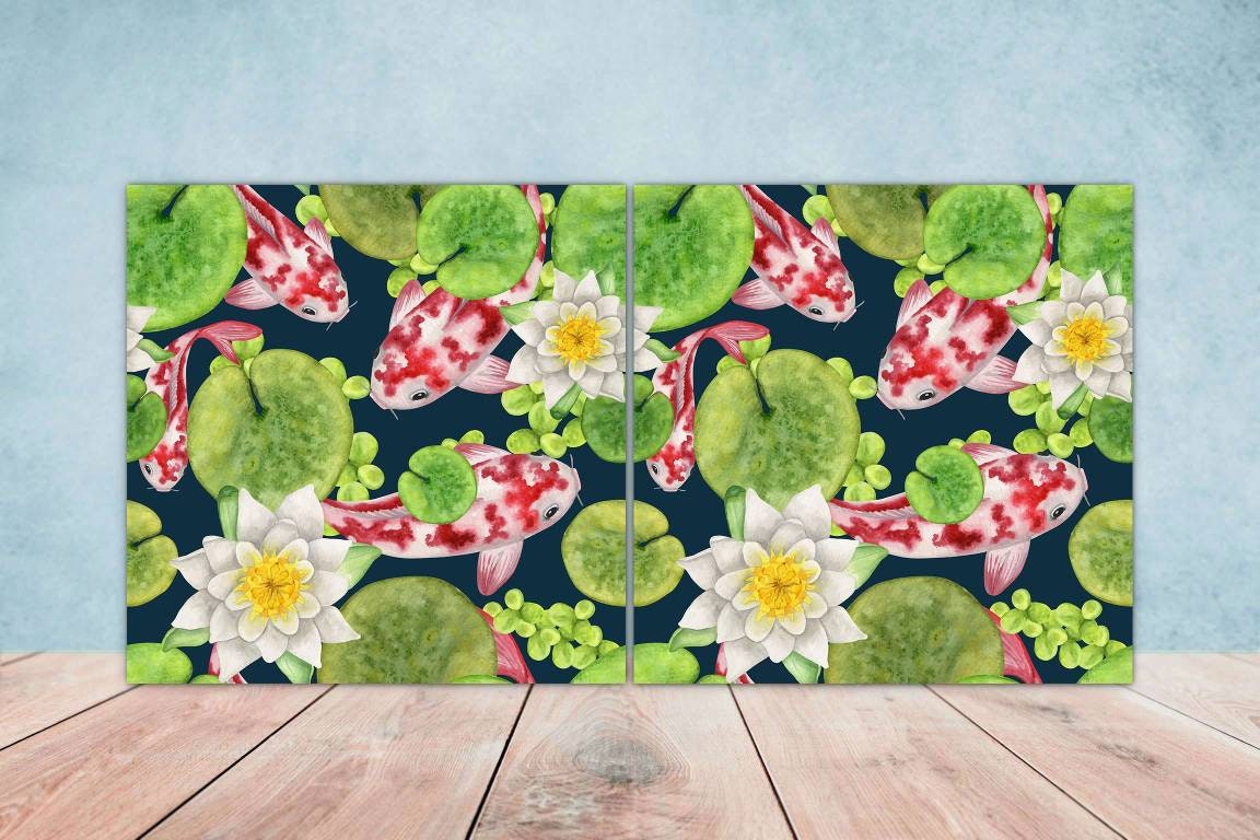 Koi Fish Ceramic Tile - Japanese Tiles -Set of 2 Wall Decor Tiles -Kitchen Backsplash Tiles,Table Decorative Tiles,Bathroom, Coaster