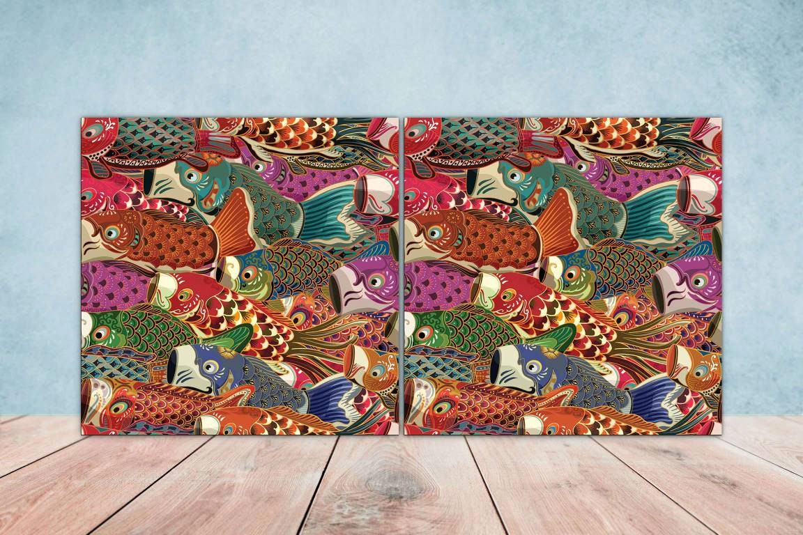Koi Fish Ceramic Tile - Japanese Tiles -Set of 2 Wall Decor Tiles -Kitchen Backsplash Tiles,Table Decorative Tiles,Bathroom, Coaster